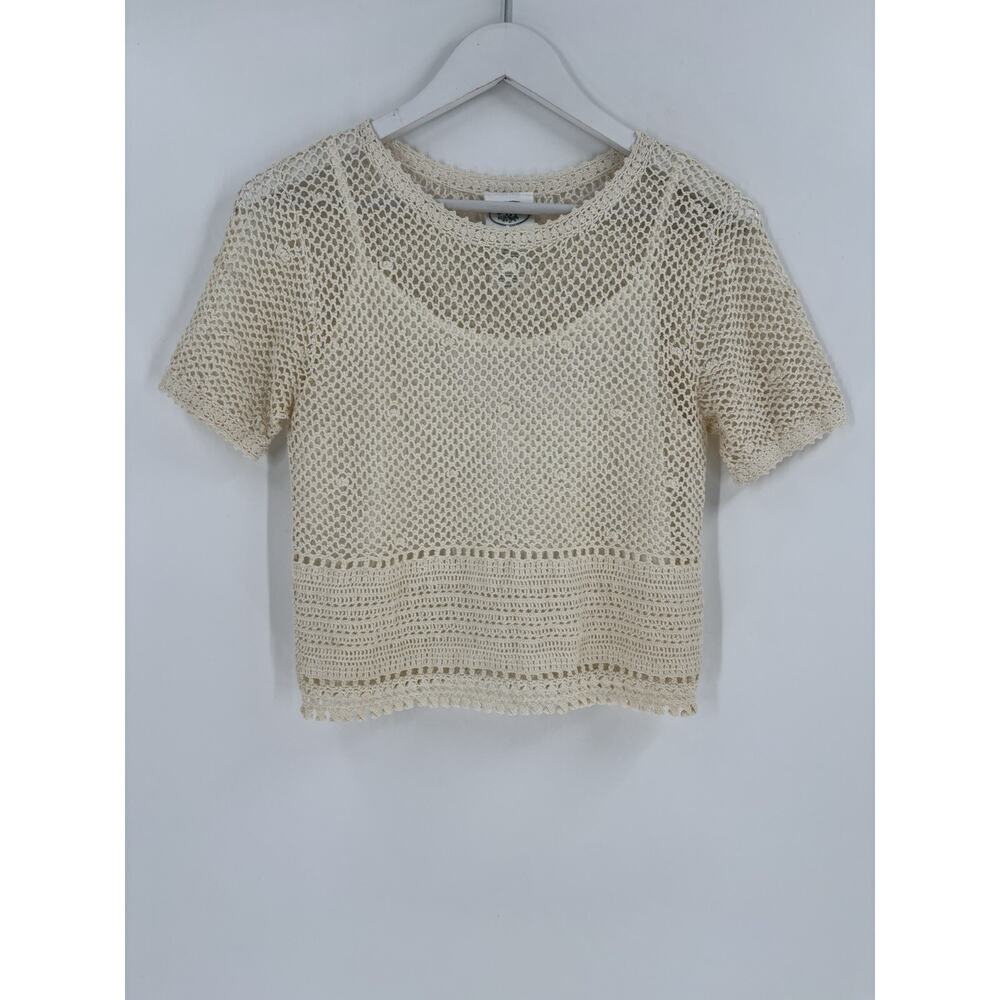 Laura Ashley Blouse Womens Small Cream Beige Crochet Knit Mesh Lined Top Casual